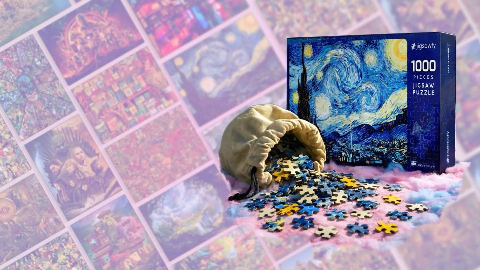 Jigsawfy ecommerce hero artwork with puzzle packaging and pieces